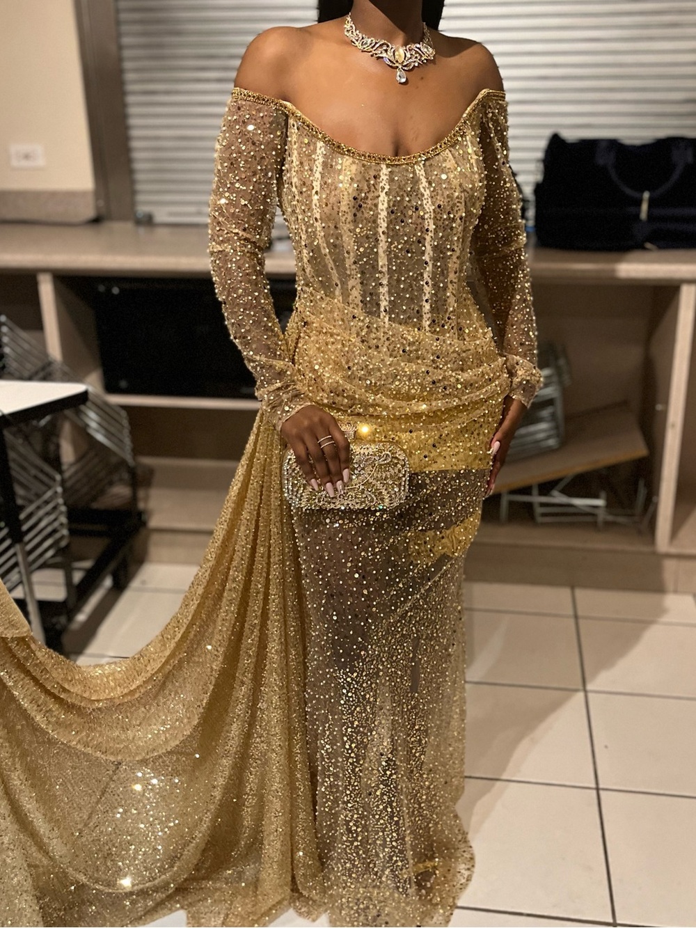 Gold Sequined Prom Dress